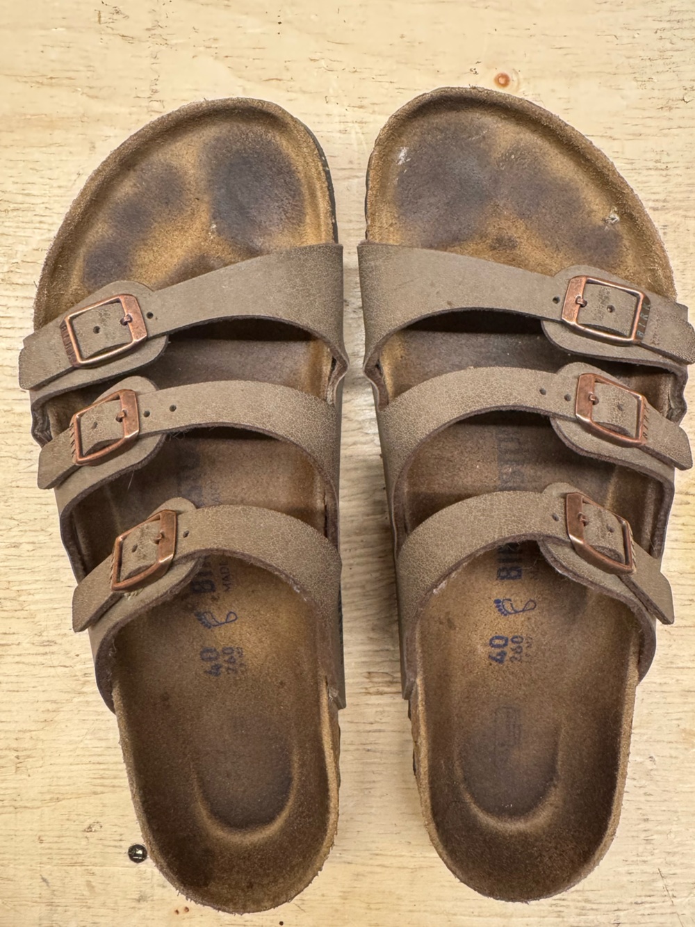 Birkenstock Brown Triple-Strap Suede Sandals with Copper Buckles